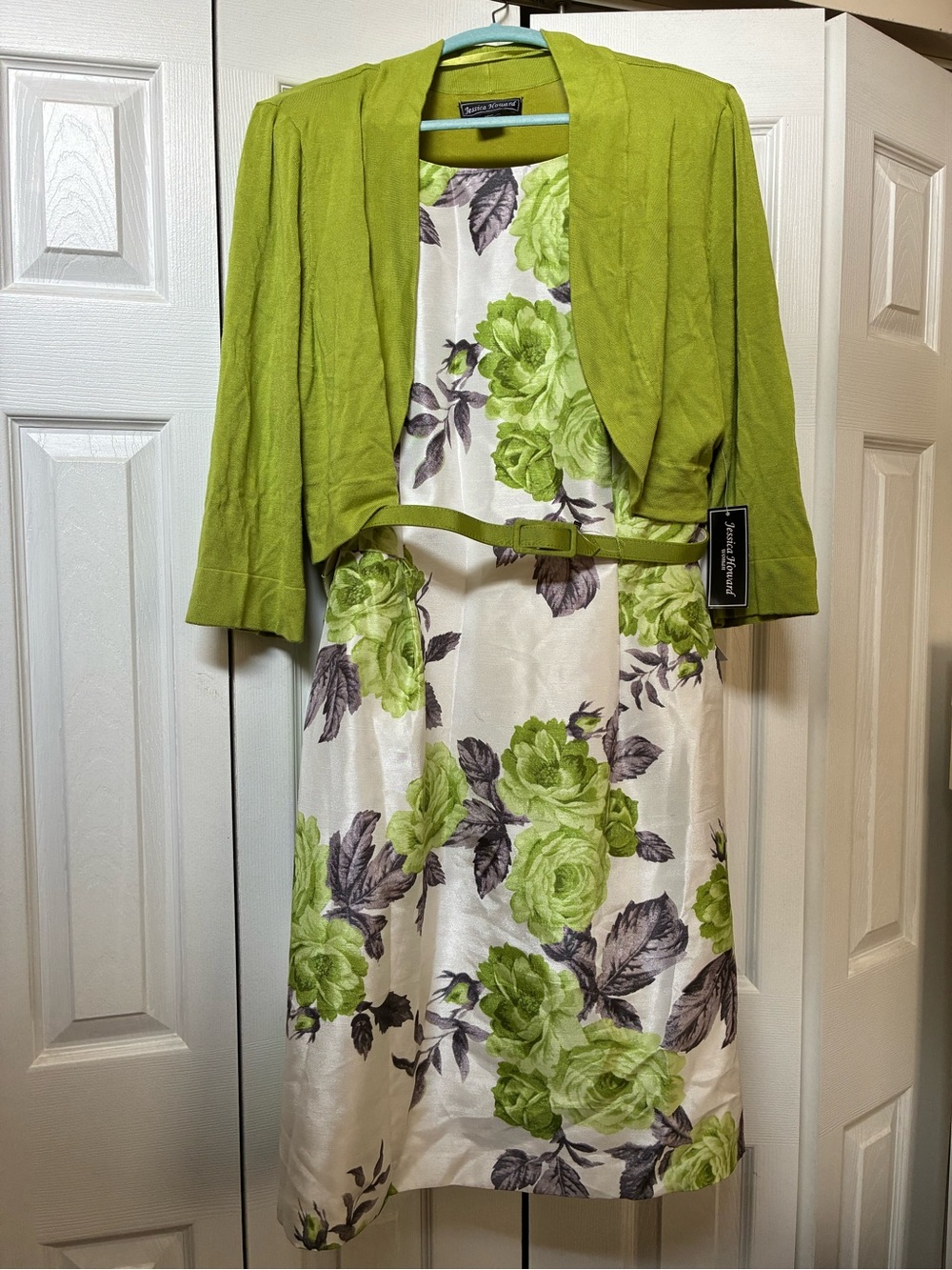 Jessica Howard White Midi Dress with Lime cropped Cardigan